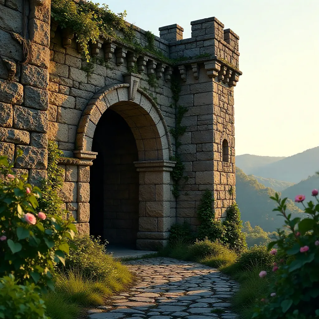 Historic Castle Wall with Arched Gate and Ivy