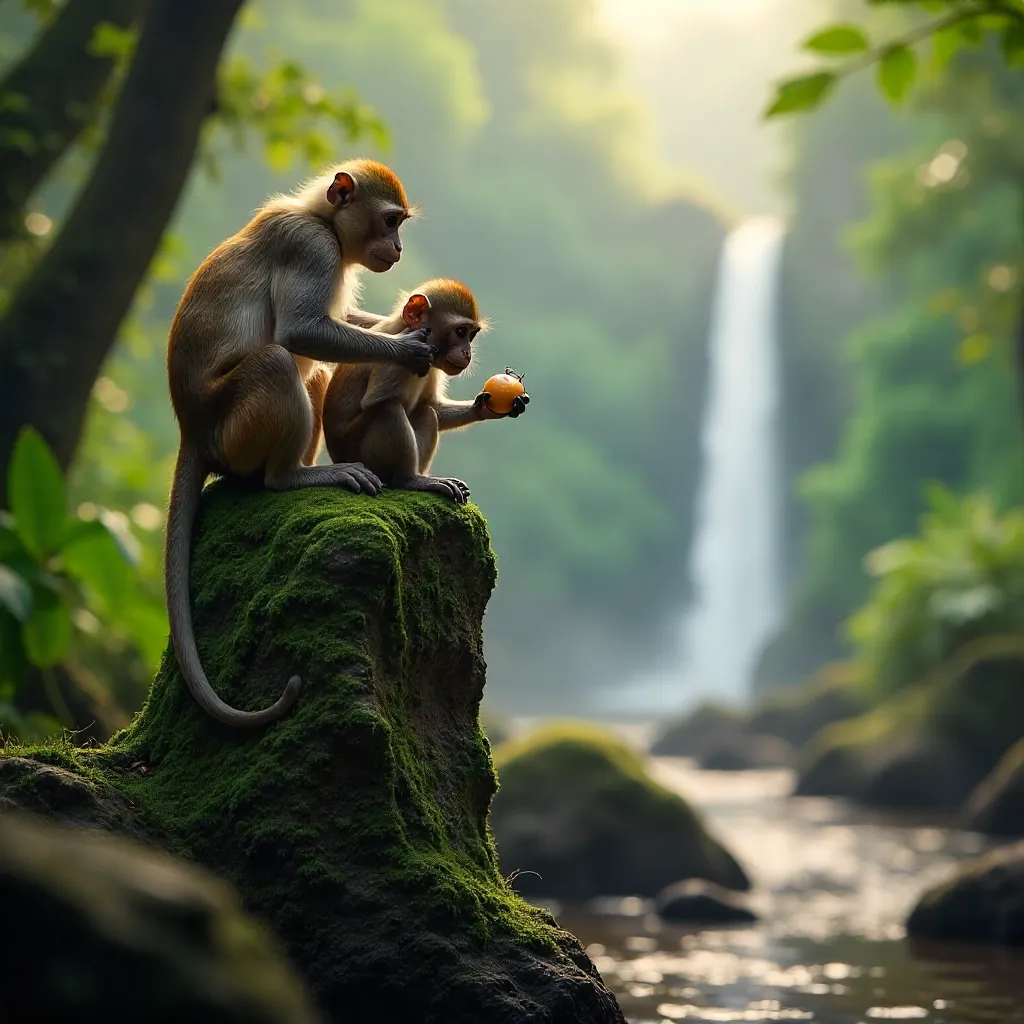 Three Monkeys on a Stone Pillar in Tranquil Forest
