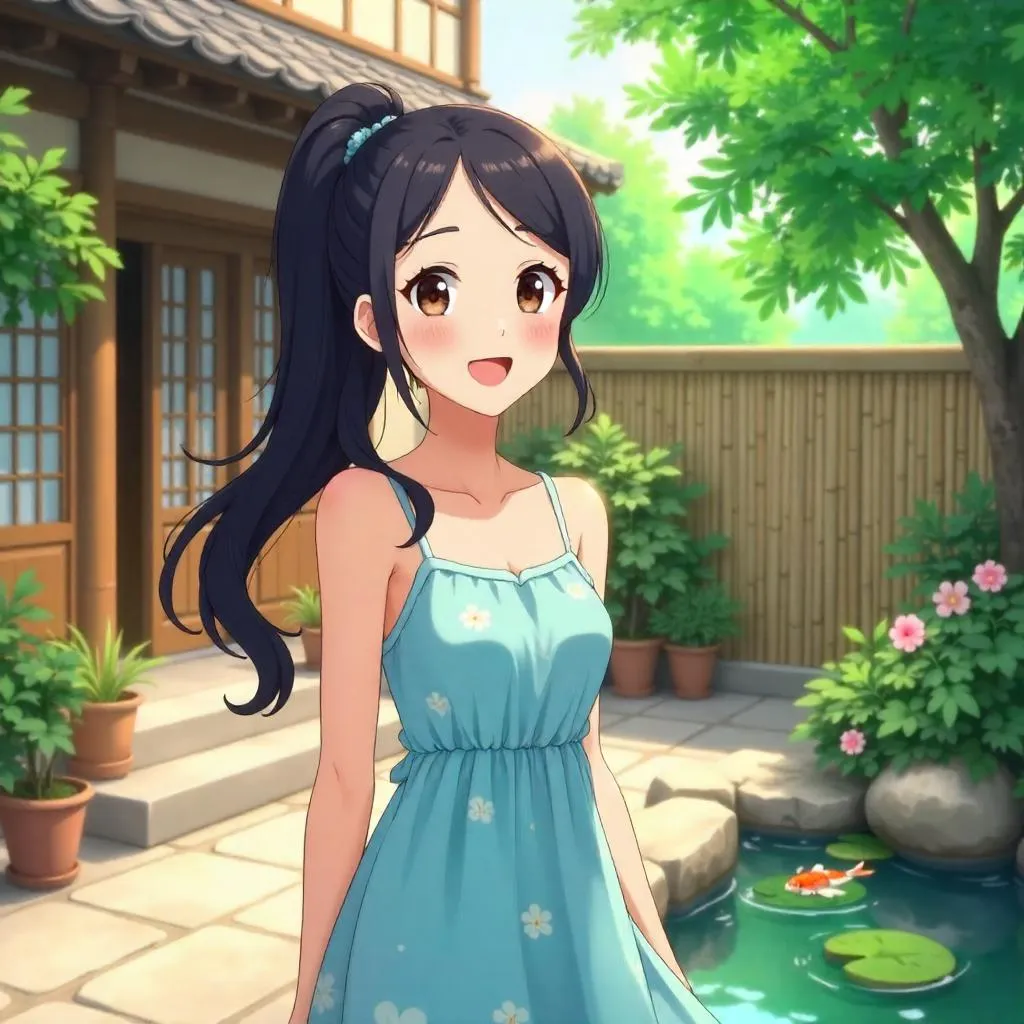 Cheerful Asian Woman in a Courtyard, Anime Style
