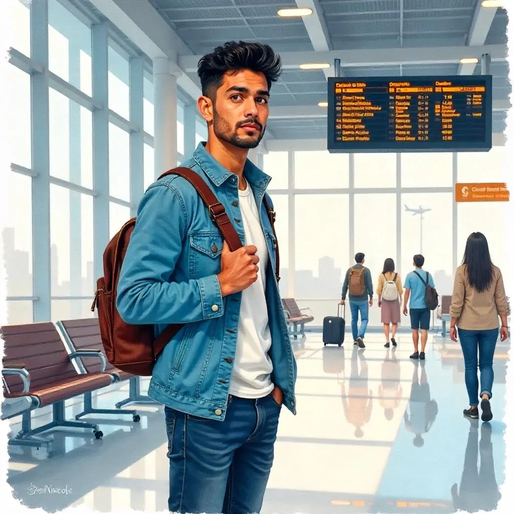 Watercolor Moment: Young Indian Man at the Airport