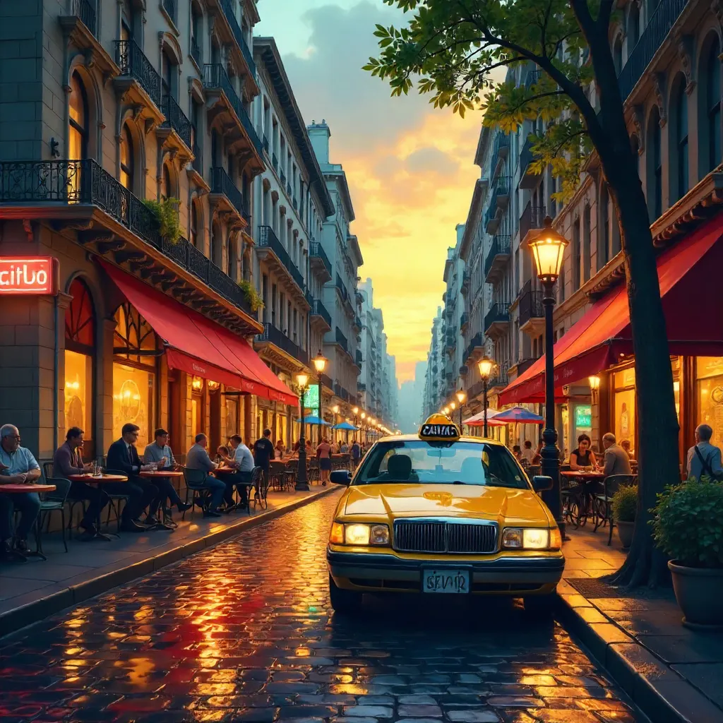 Golden Hour Street: Historic Architecture and Yellow Taxi