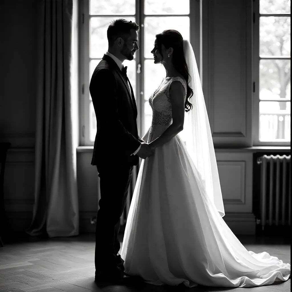 Indoor Monochrome Wedding Couple Holding Hands