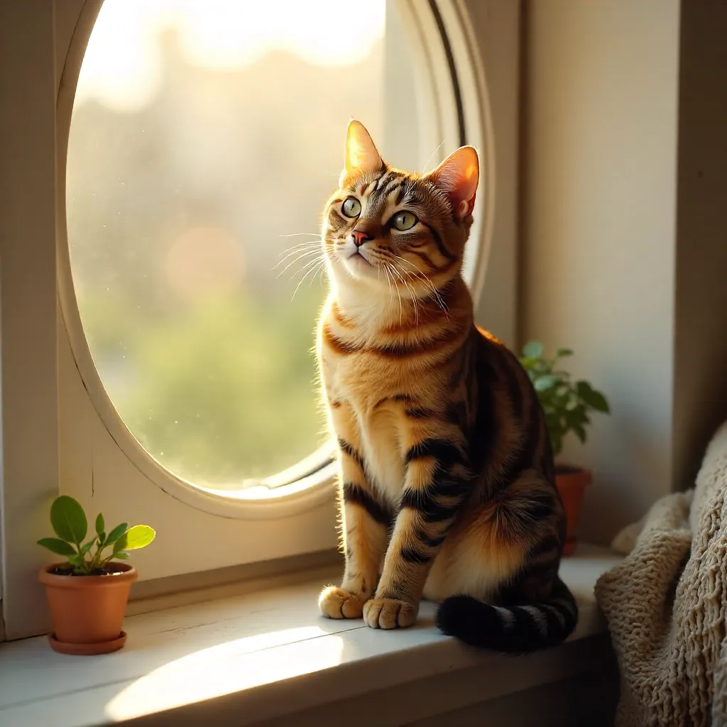 Sunlit Tabby on a Circular Window Ledge