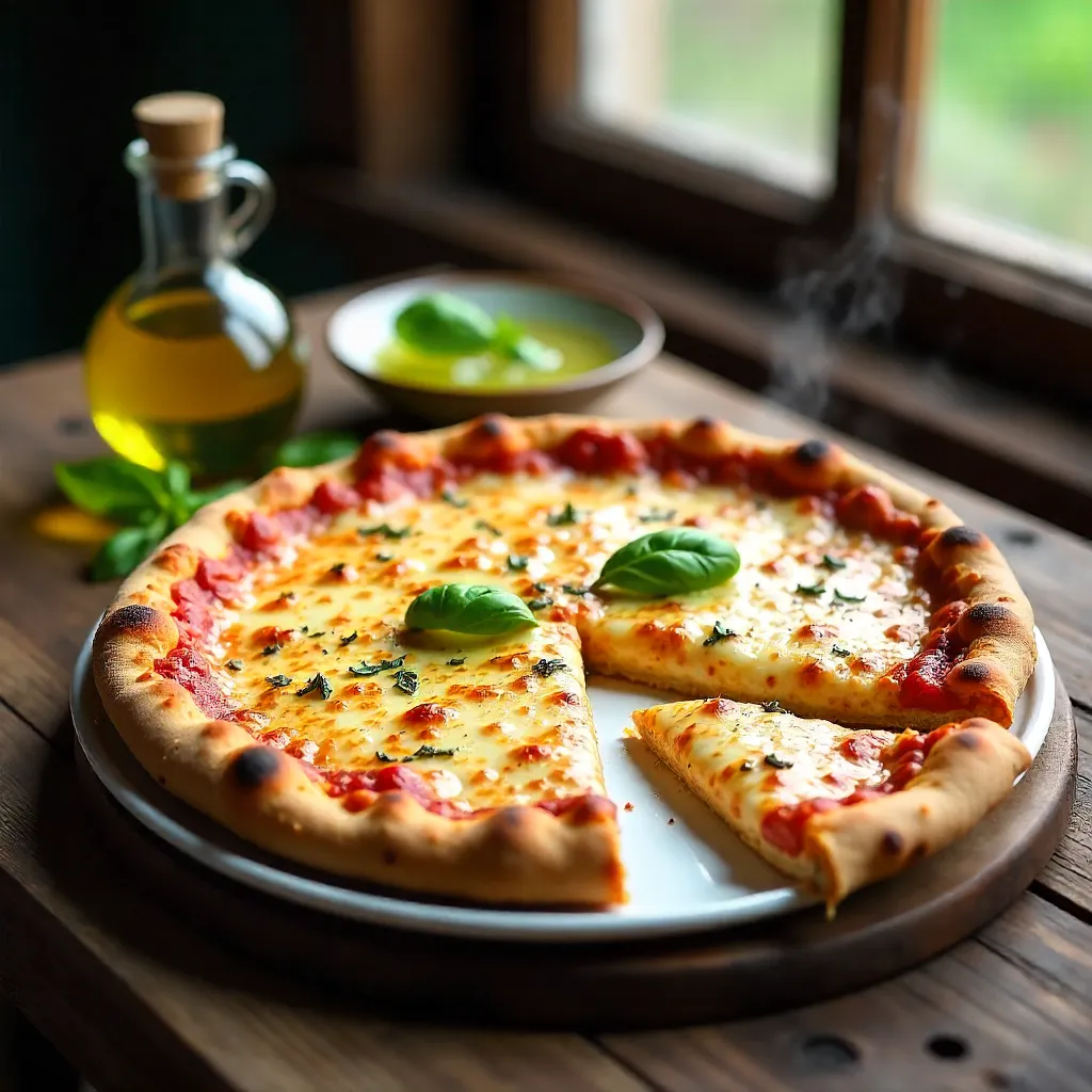 Golden Cheese Pizza with Olive Oil on Rustic Table