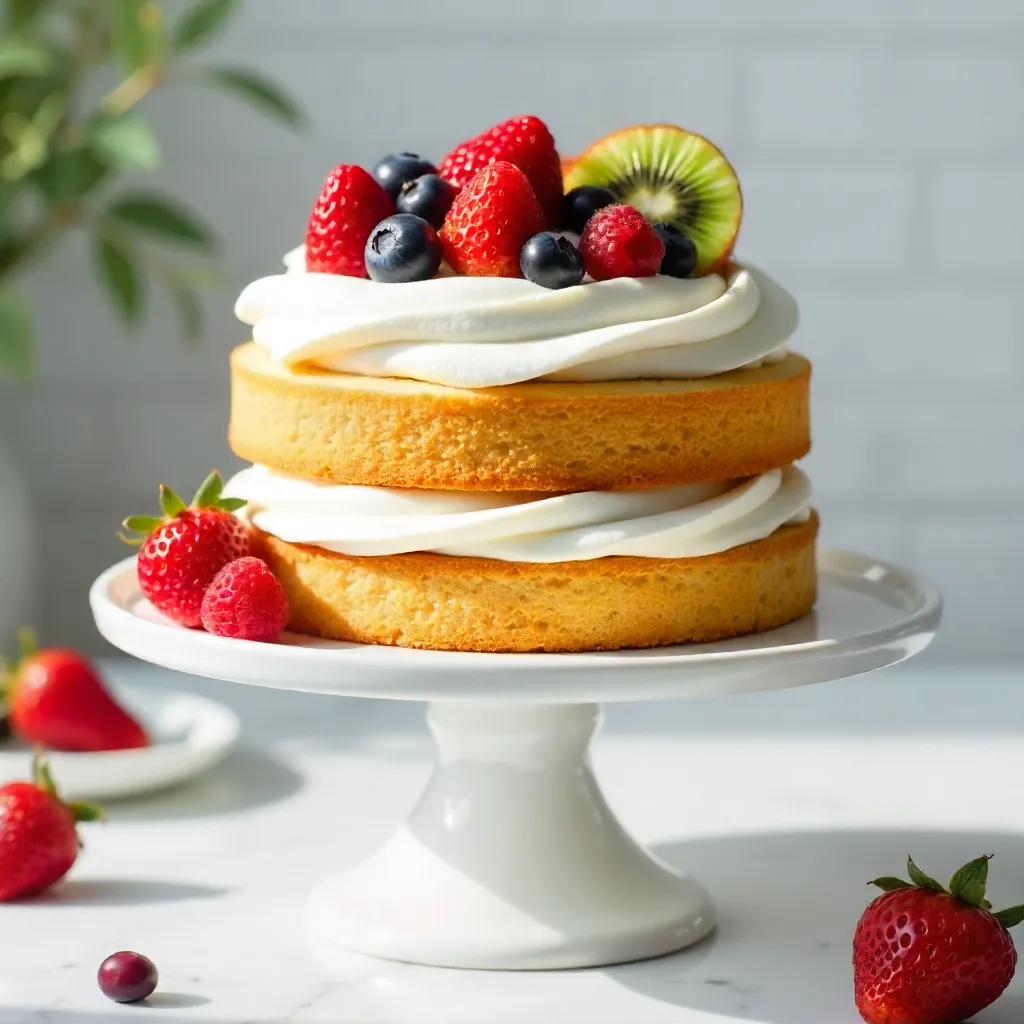 Mouthwatering Sponge Cake with Fresh Fruit on White Stand