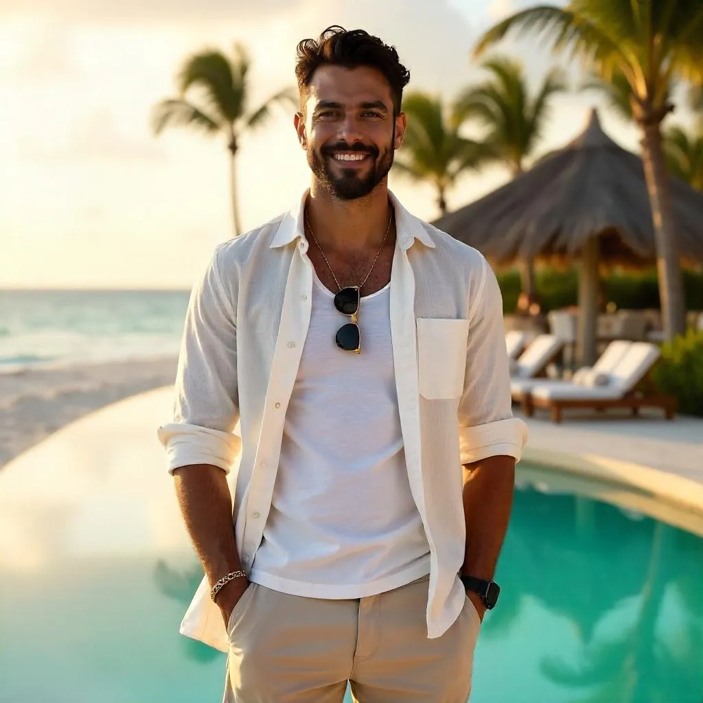 Stylish Latino Man at a Sunset Beach Resort