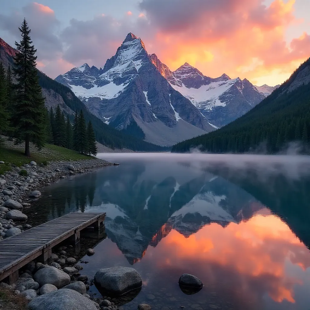Mirror-Lake Sunset: Tranquil Alpine Reflections