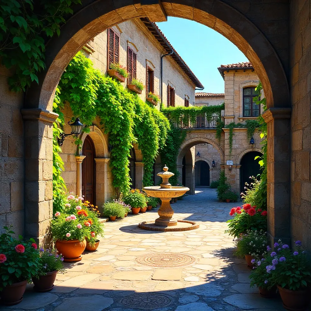 Lush Historic Courtyard Under a Bright Blue Sky