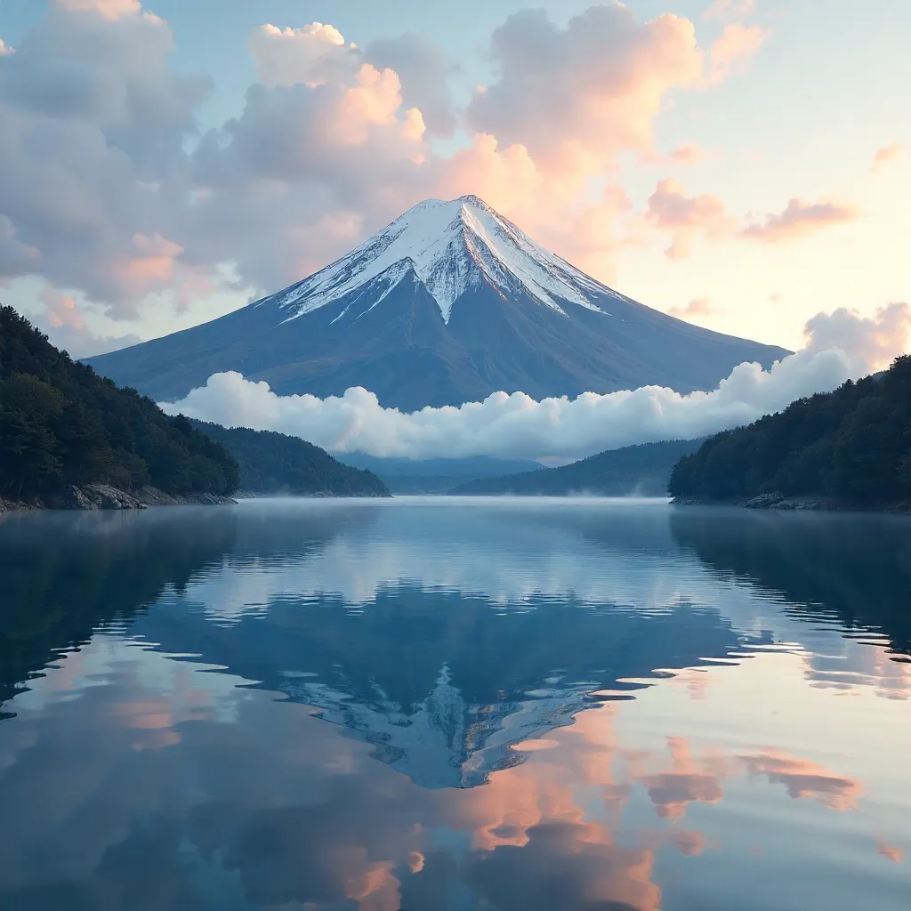 Mount Fuji Amid Clouds Over a Tranquil Lake