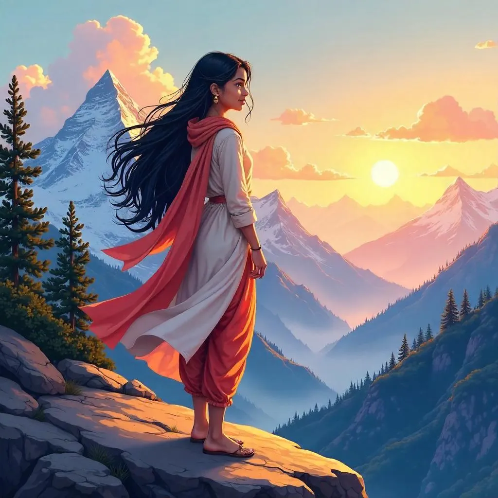 Sunrise Over Peaks: Indian Girl in Anime Mountains