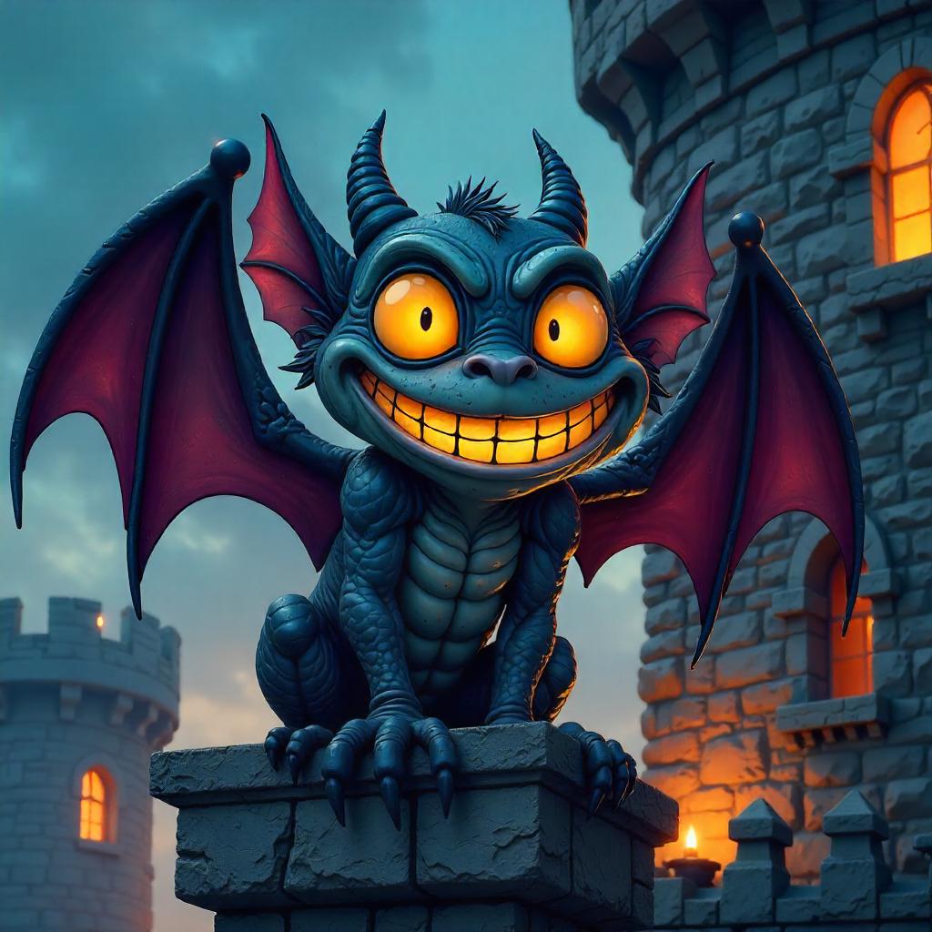 Cartoon Gargoyle on a Medieval Castle Parapet