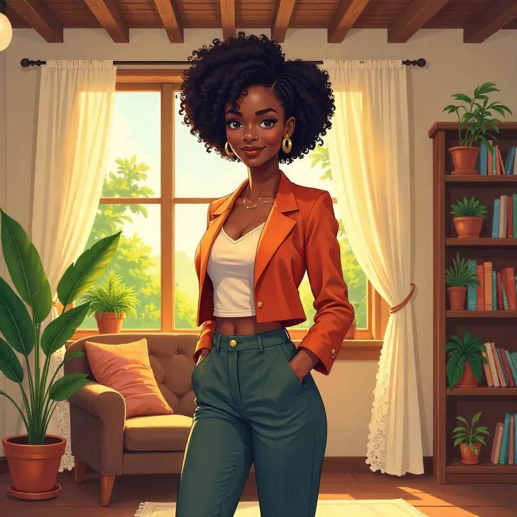 Confident Black Woman in a Cozy Cottage (Anime Style)