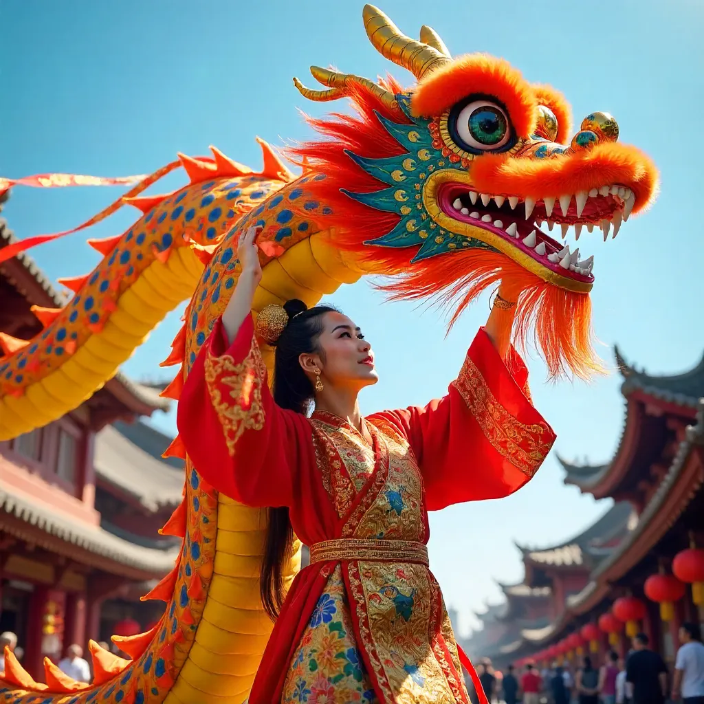 Colorful Dragon Dance Under a Clear Blue Sky