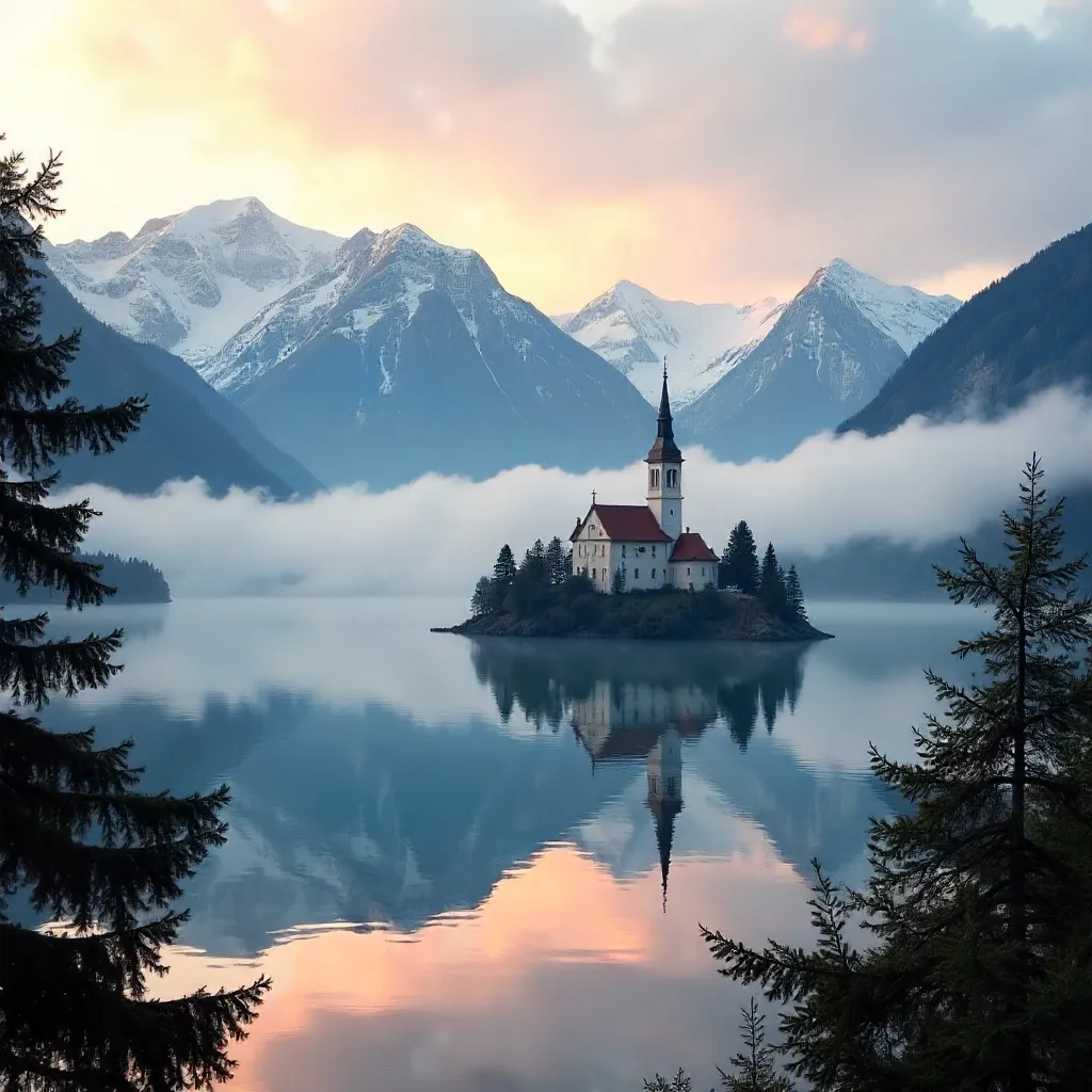 Mistbound Lake Bled: Island Church in Fog