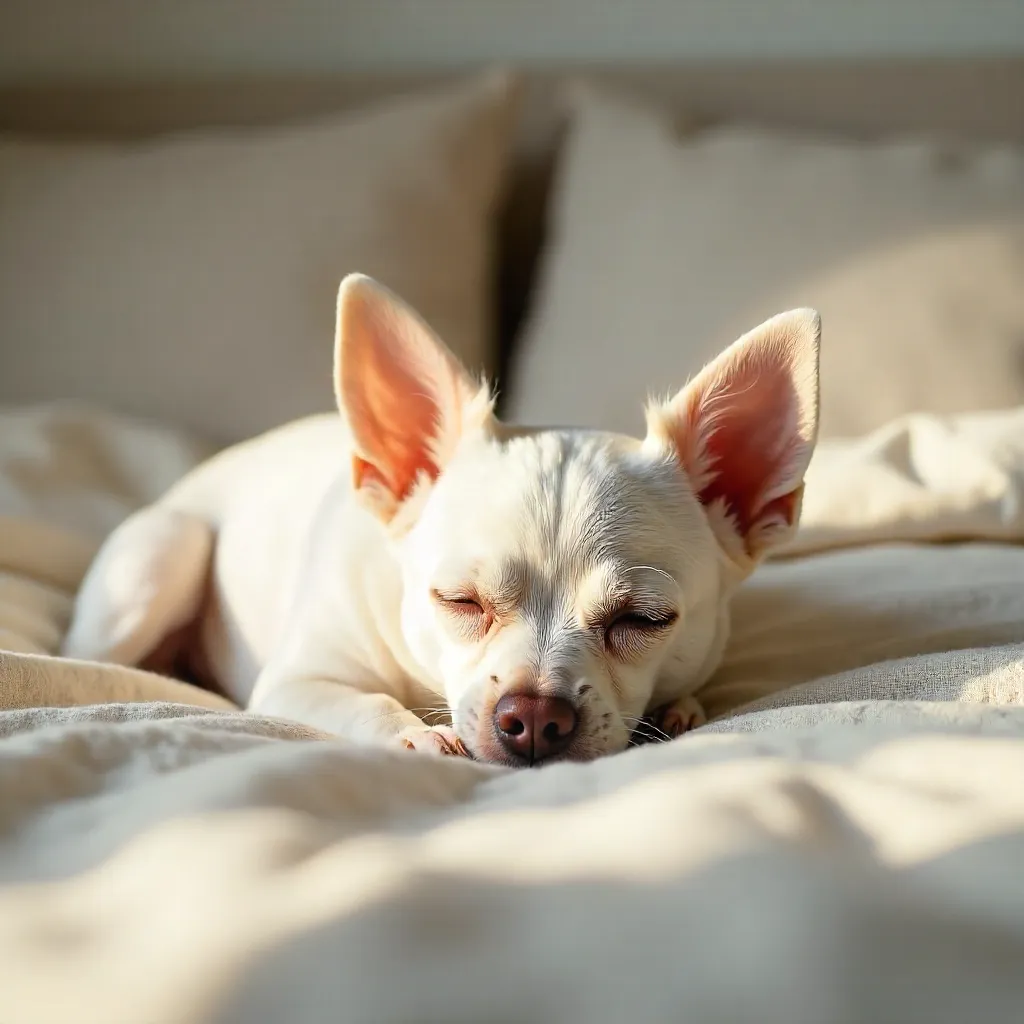 Peaceful White Chihuahua on Minimalist Bed