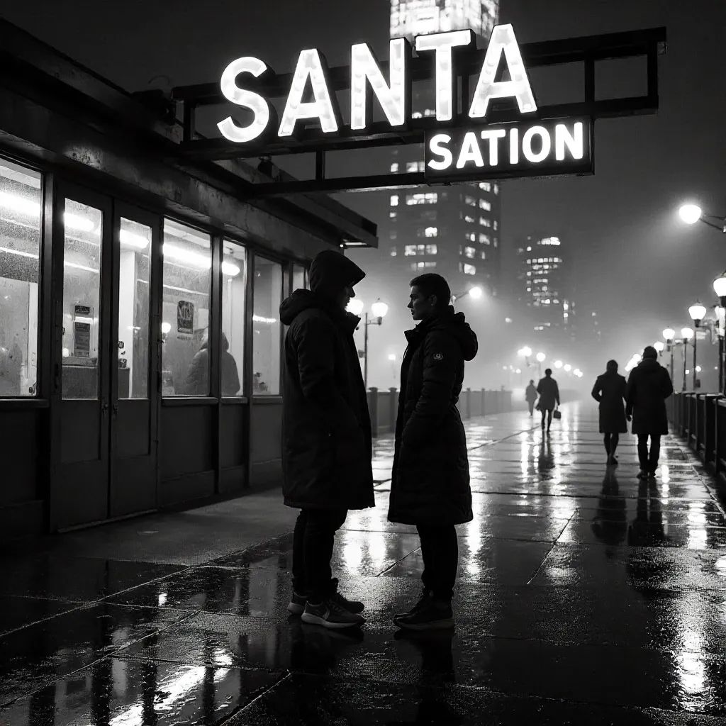 Noir Monochrome: Two at Santa Station Entrance