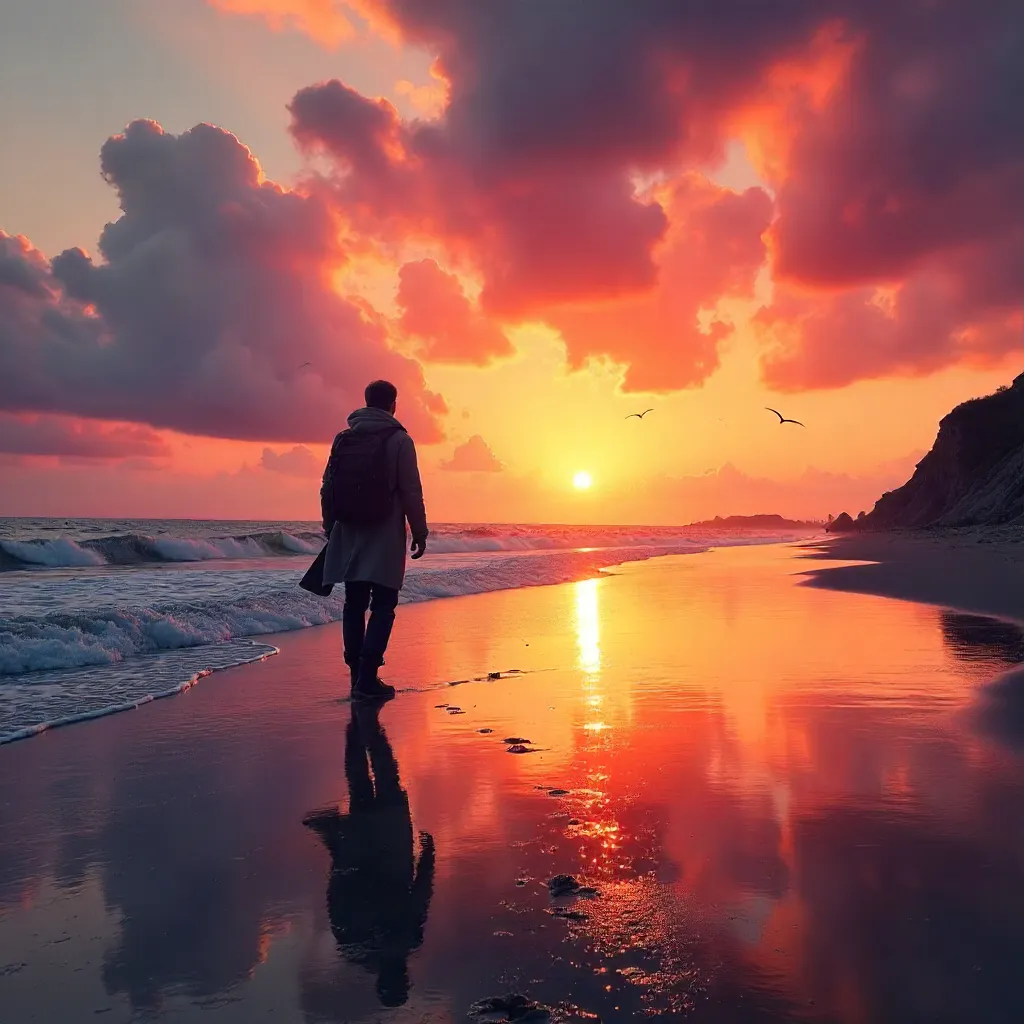 Silhouette Traveler at Sunset on a Vibrant Beach