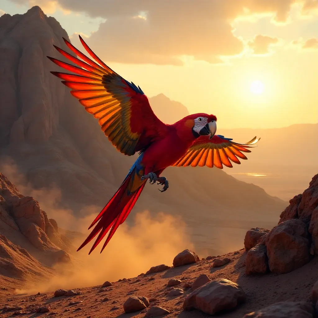 Scarlet Macaw Over Oman's Sunset Mountains