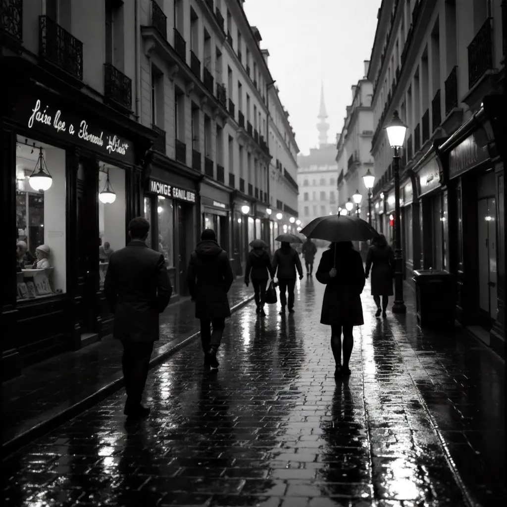 Monochrome Paris Rain: Umbrellas on a Wet Street