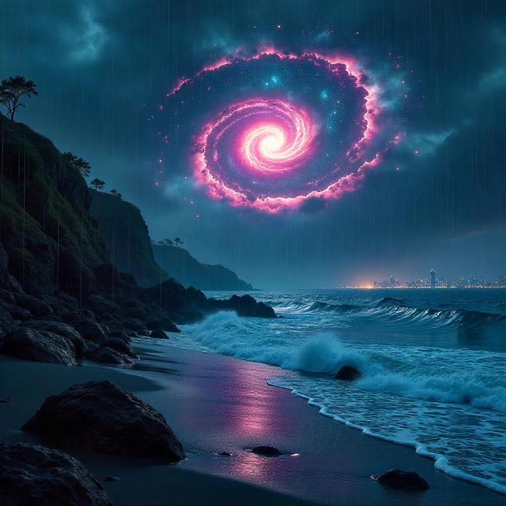 Photorealistic Galaxy Rain Over Coastal Rocks