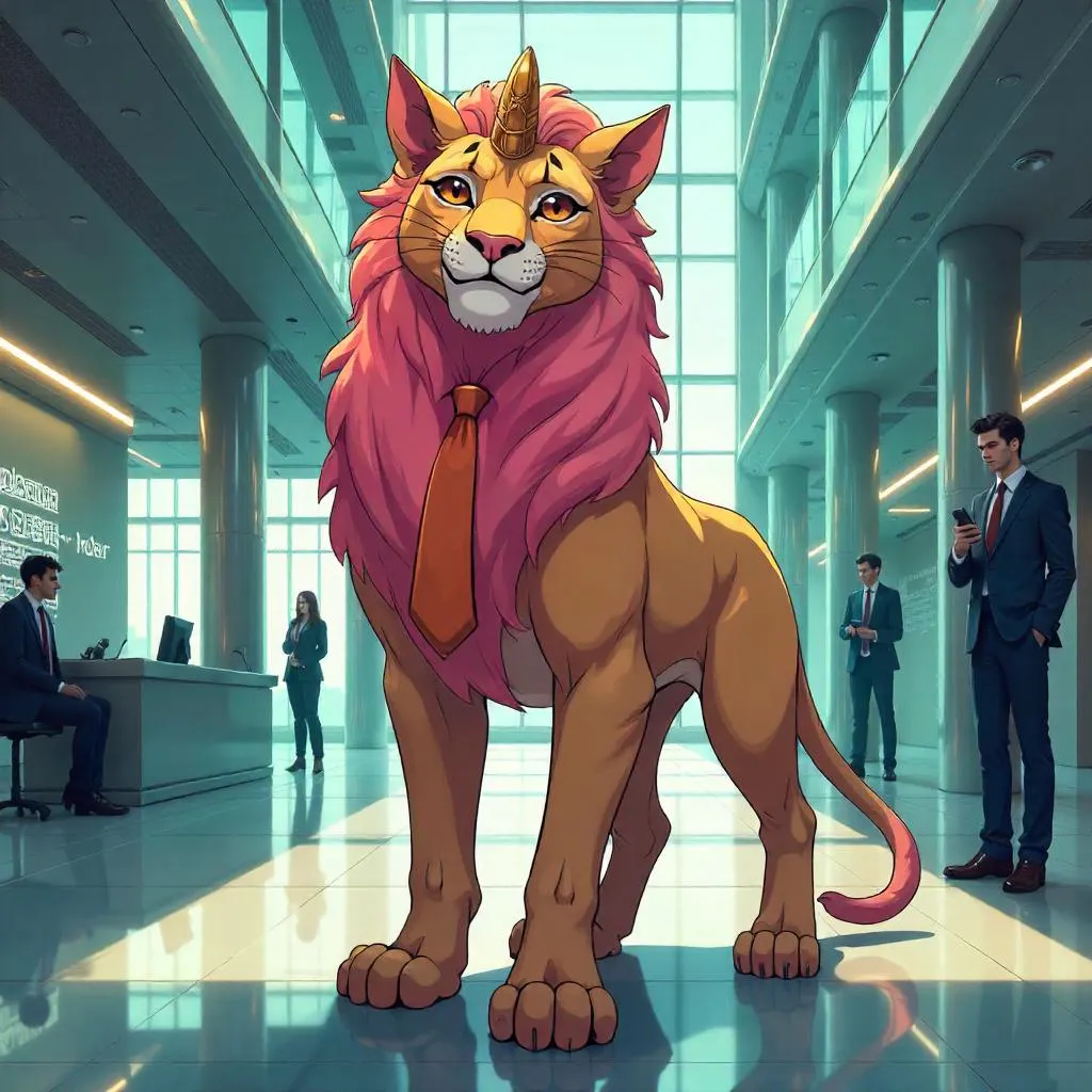 Anime Sphinx in a Modern Office Lobby