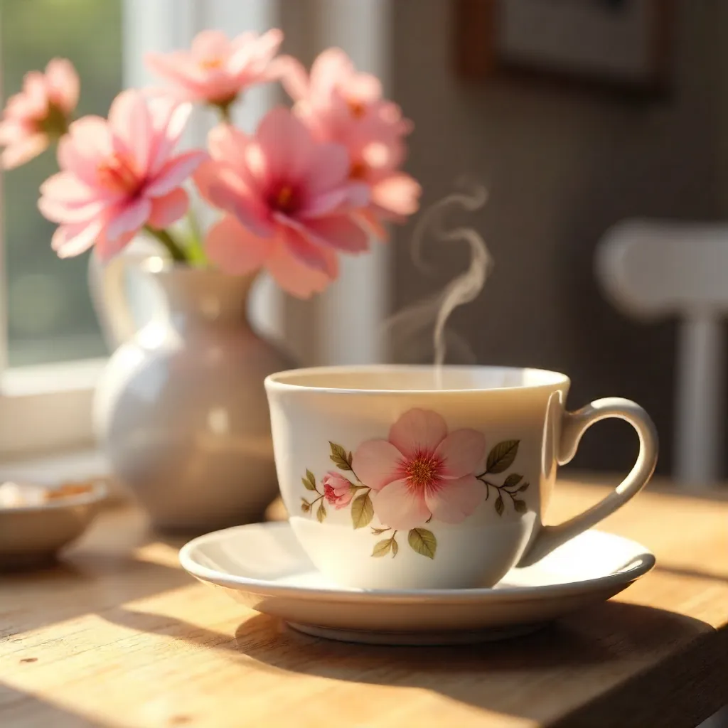 Cozy Close-Up: Floral Coffee Cup & Pink Vase