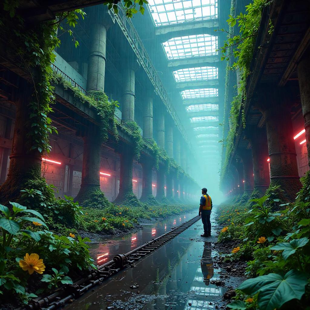 Neo-Grove Factory: Cyberpunk Forest Interior