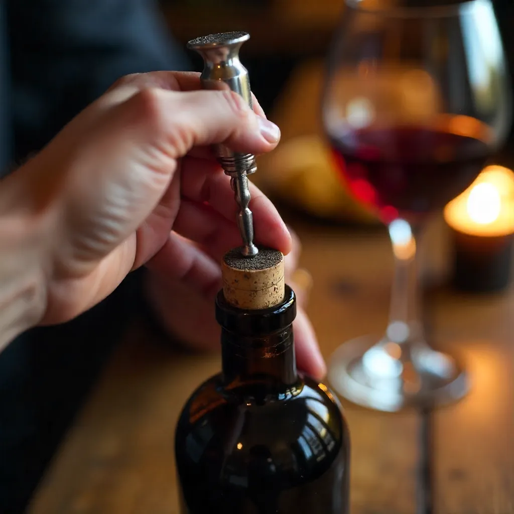 Macro Shot: Hands Opening Red Wine with Corkscrew