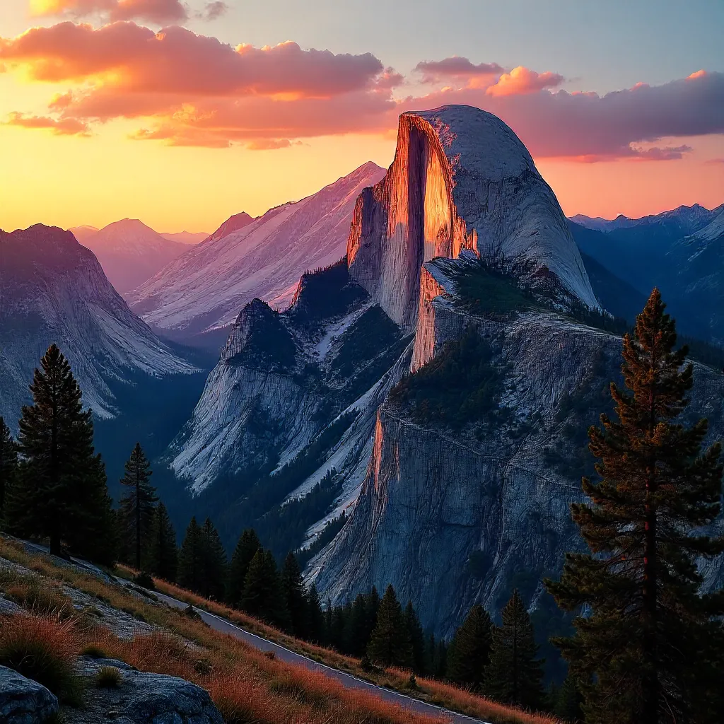 Sunset Panorama of Half Dome from Glacier Point Road