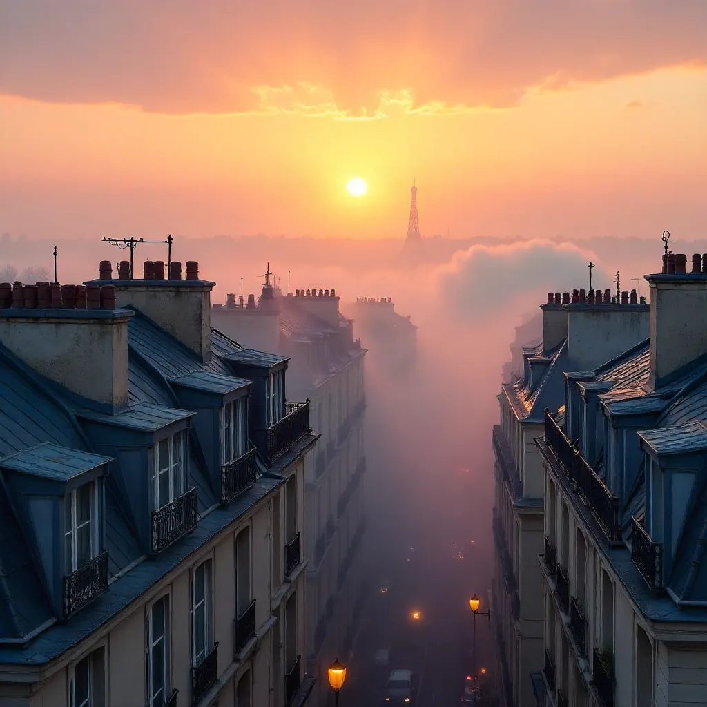 Dawn over Foggy Paris Rooftops