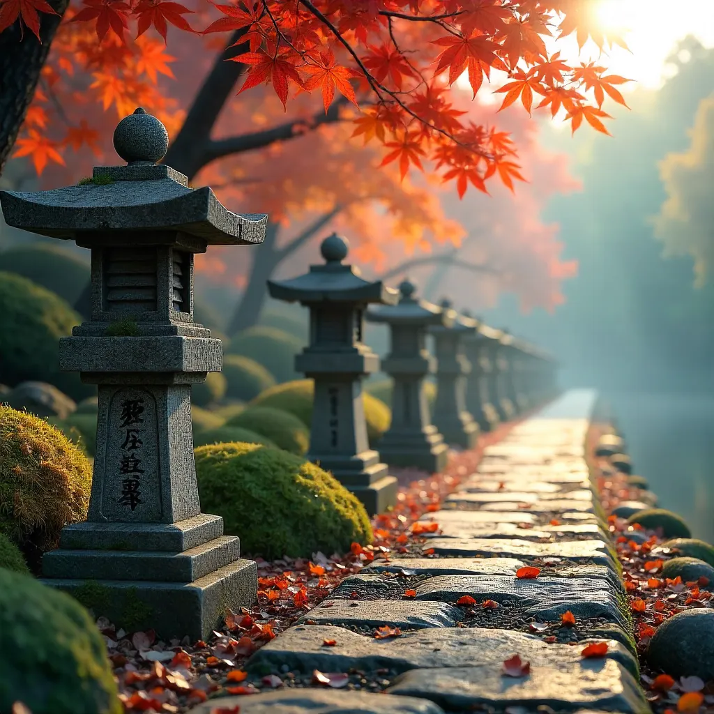 Row of Japanese Stone Lanterns in Autumn Light