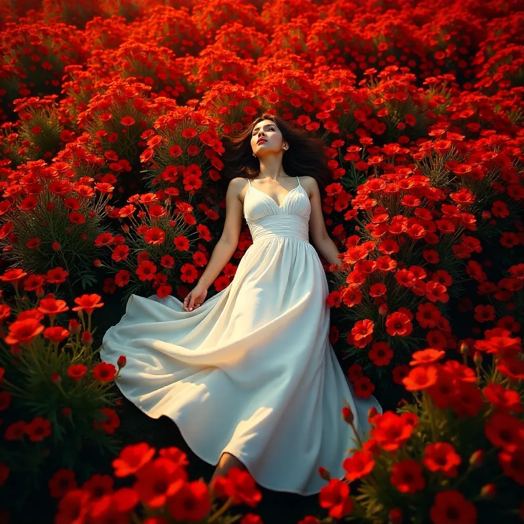 Aerial Scene: Woman in White Among Red Flowers