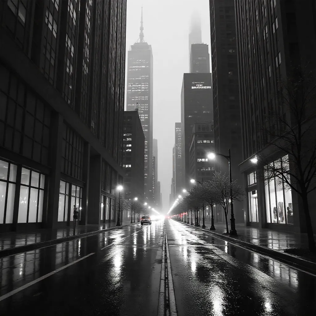 Monochrome Metropolis: Empty Streets Under Skyscrapers
