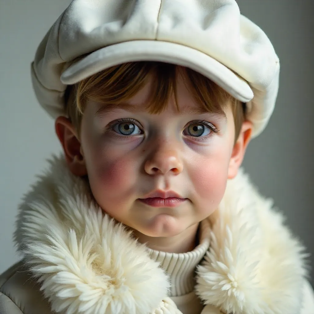 Close-Up Portrait of a Boy in White Cap and Fur Coat