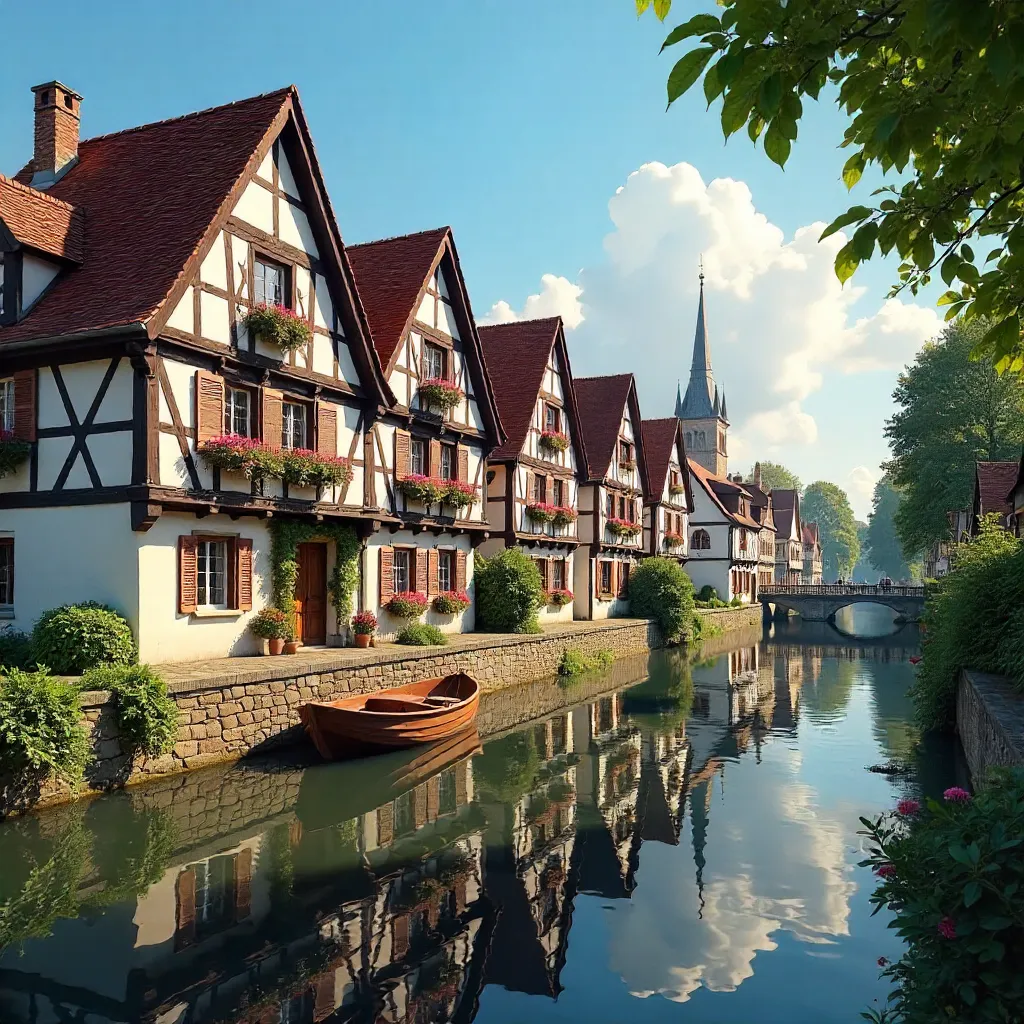 Sunlit Alsace Timber-Framed Reflections Across Water
