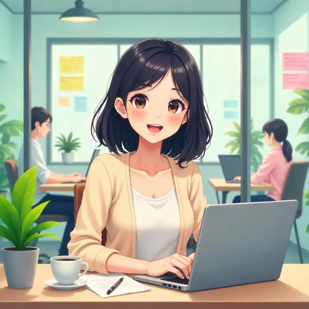 Cheerful Asian girl in anime style at a coworking space