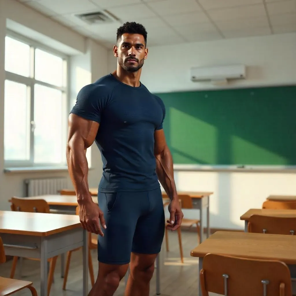 Athletic Latino Man in a 3D Classroom