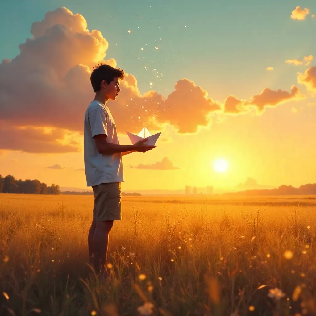 Dreams afloat: a sunset field and a paper boat