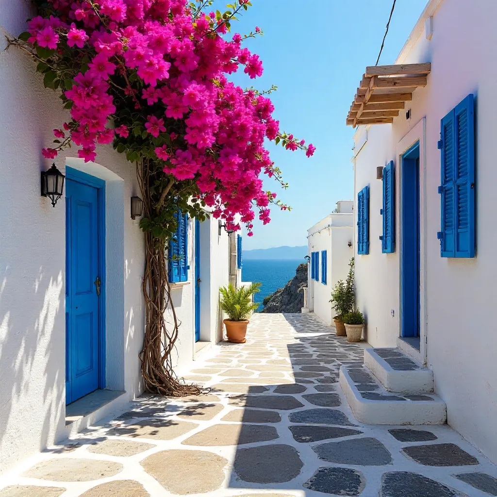 Bougainvillea over Grecian Whitewashed Facades