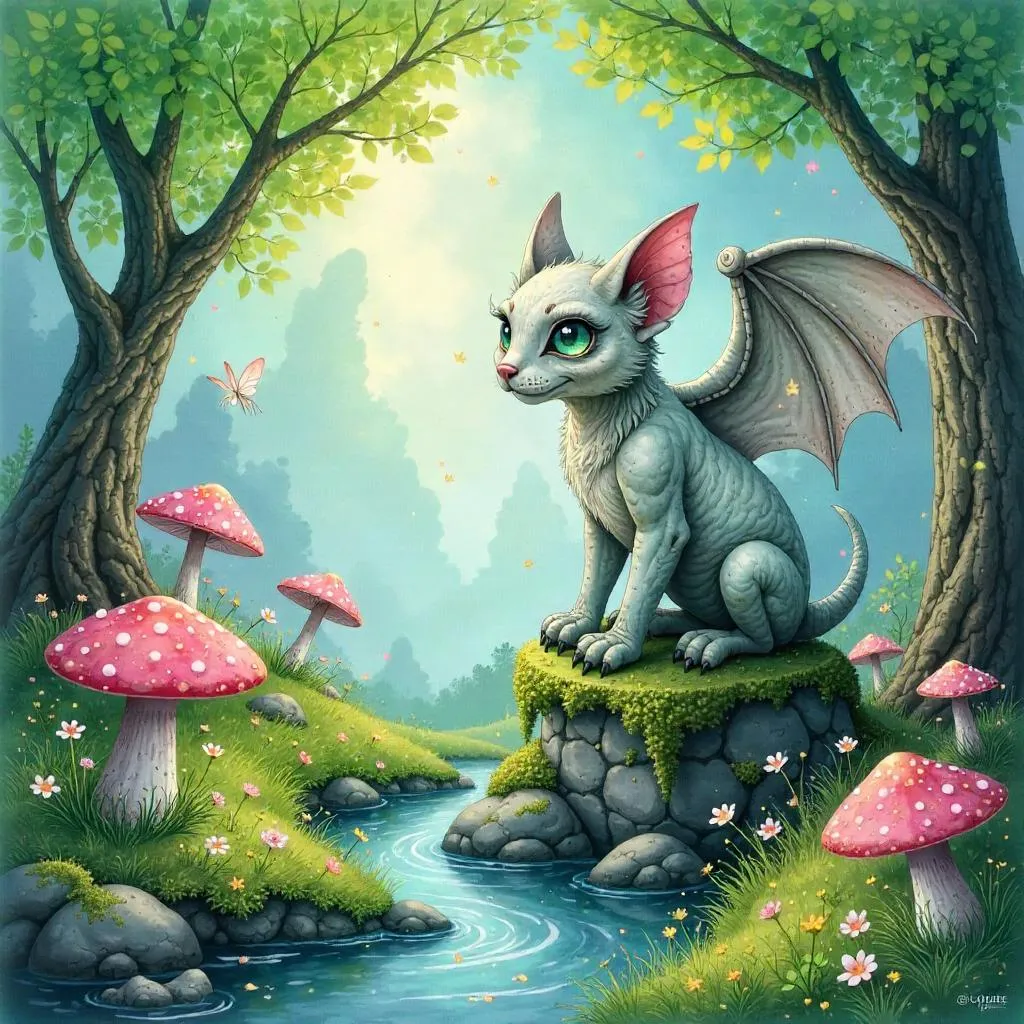Gargoyle in a Fairy Wonderland Watercolor Dream