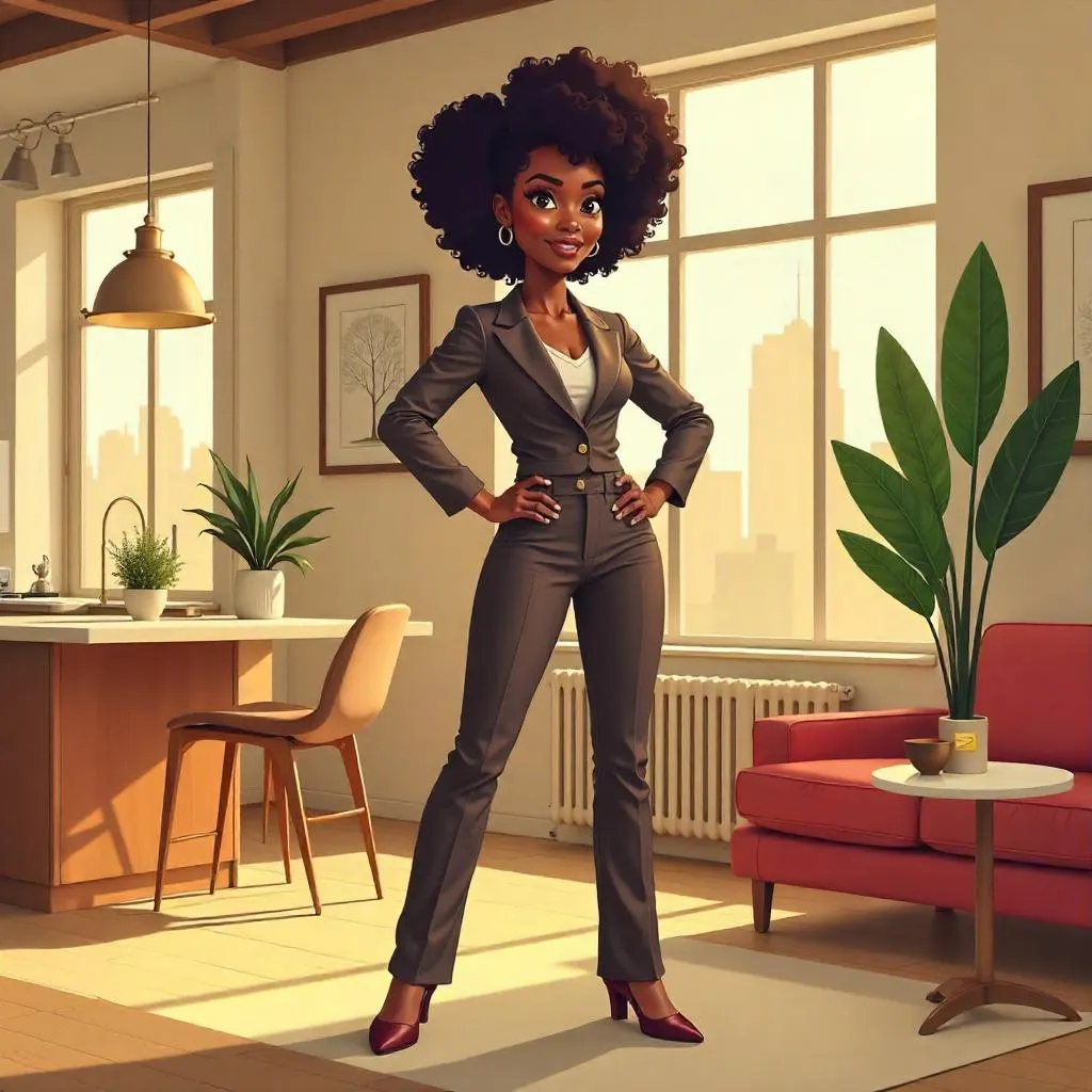 Confident Black Woman in a Chic Cartoon Apartment