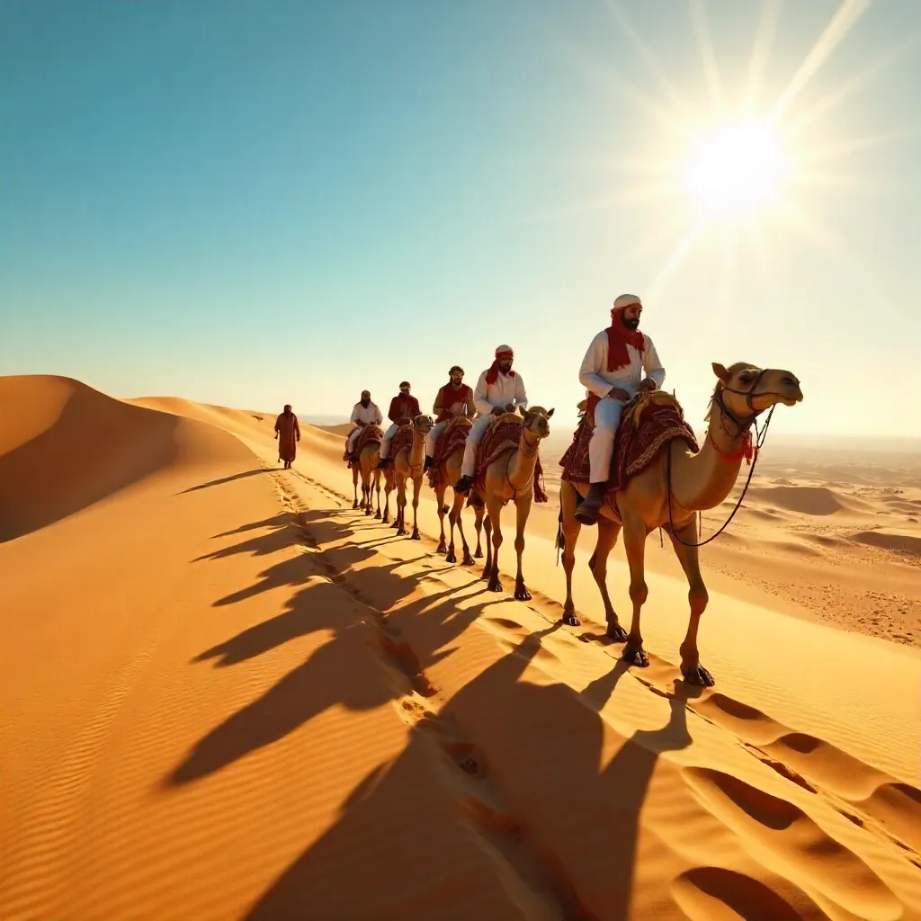 Camel Caravan Across the Golden Sahara Dunes