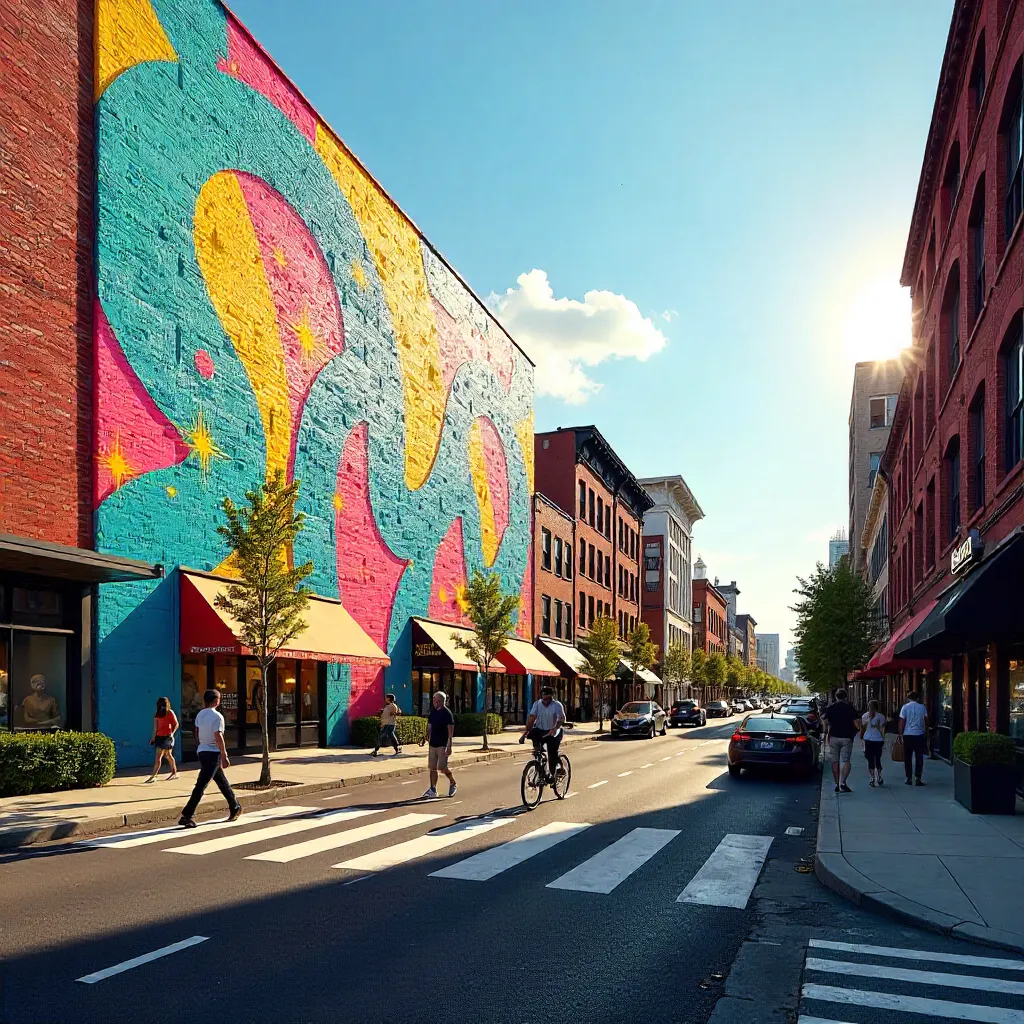 Sunlit Street with a Giant Mural and Crosswalk