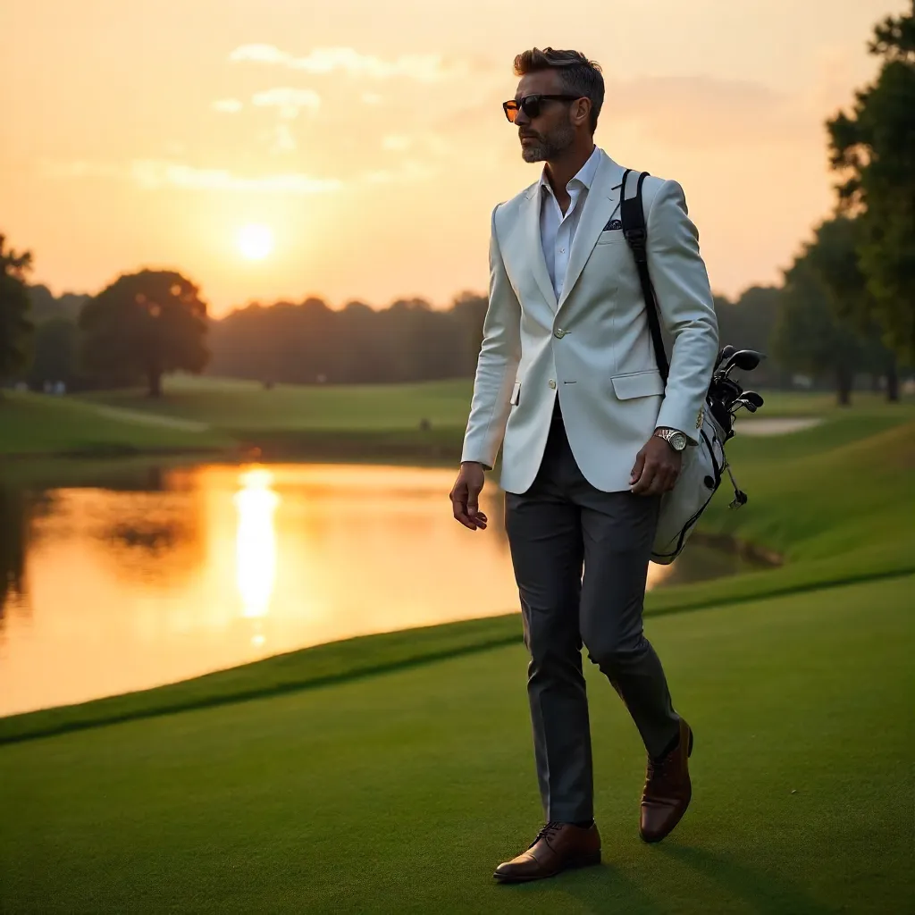 Stylish Man in White Jacket on Sunset Golf Course