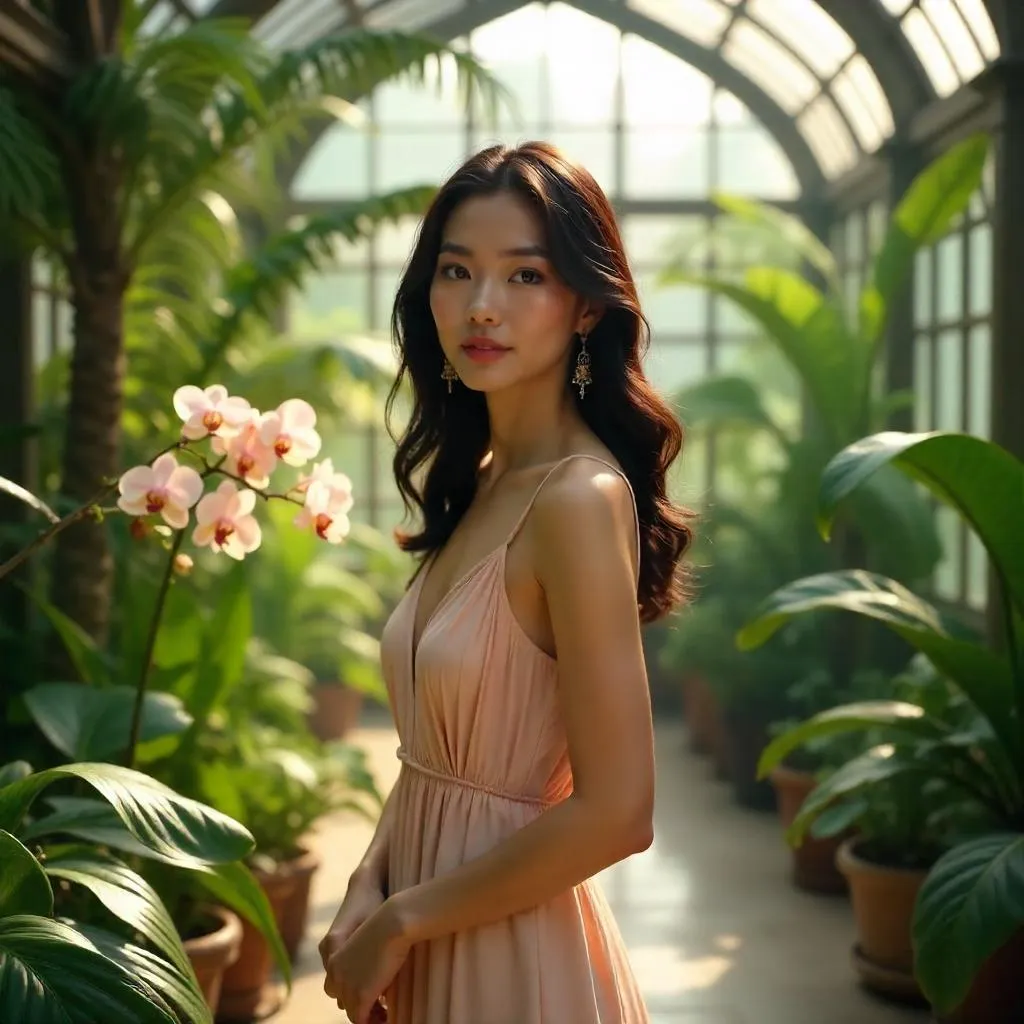 Photorealistic Asian Woman in a Glass Conservatory