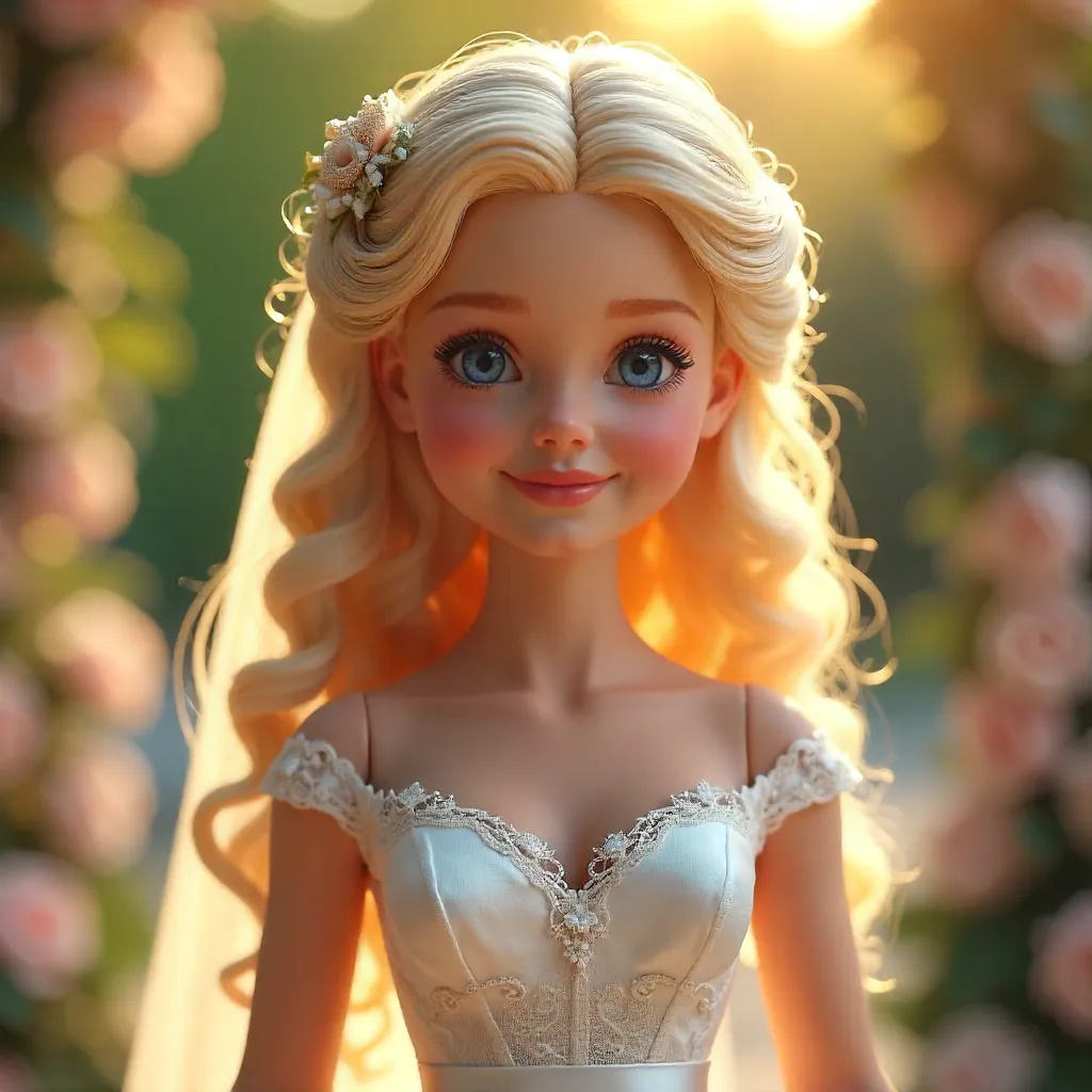 Smiling Blond Doll in White Wedding Dress