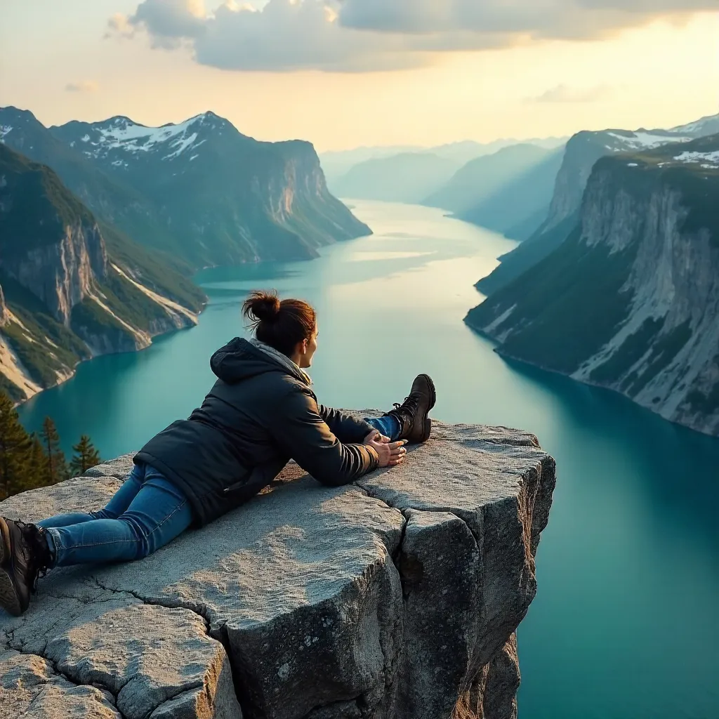 Lying on Trolltunga: Vestland Fjord Overlook