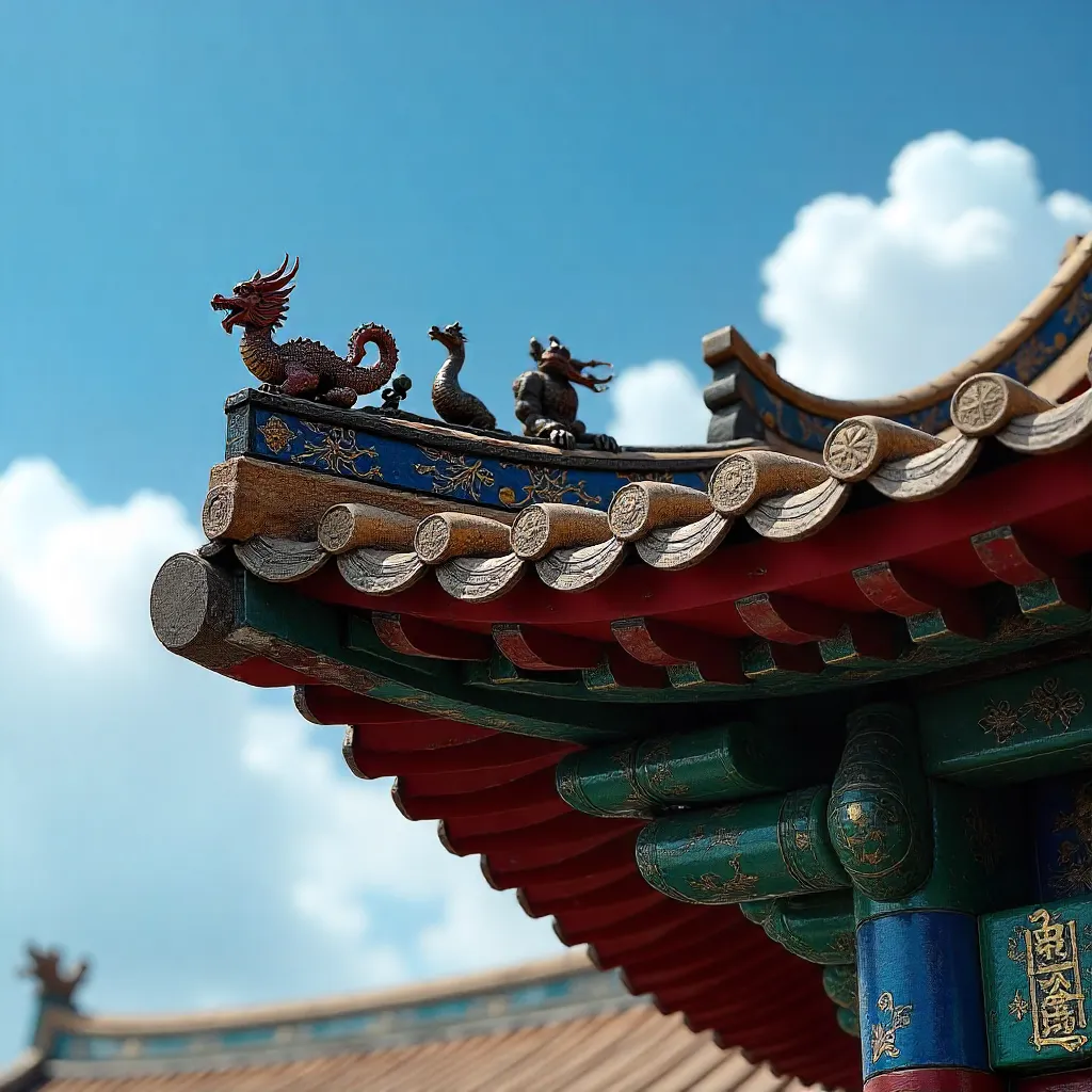 Close-Up of a Traditional Chinese Temple Roof: Intricate Details