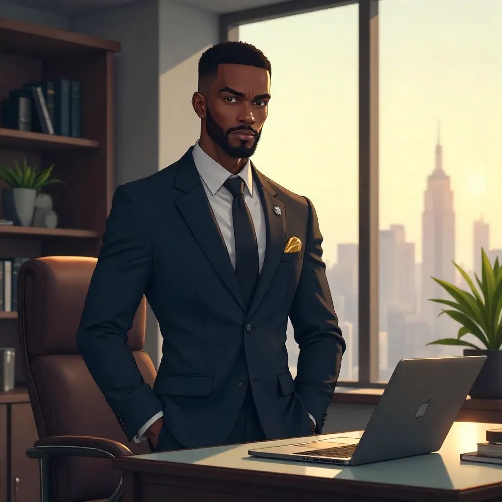 Elegant Black Man in an Office - Anime Style