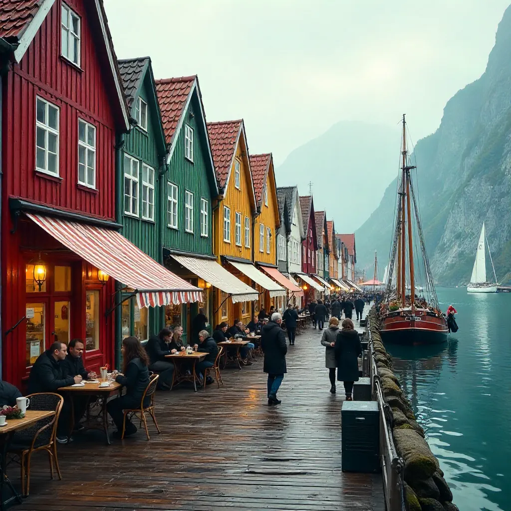 Colorful Bryggen Wharf: Wooden Facades and Outdoor Cafes